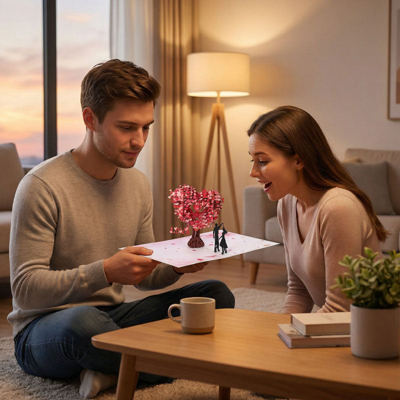 Romantiskt 3D-hälsningskort med "Dansar under hjärtträdet"